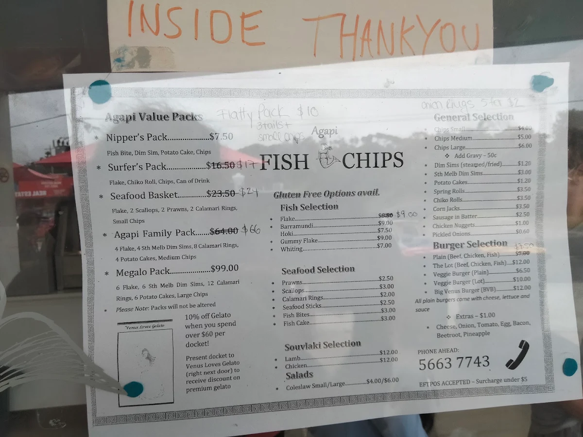 Menu, Agapi Fish & Chips