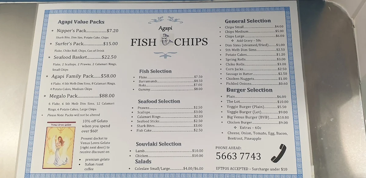 Menu, Agapi Fish & Chips