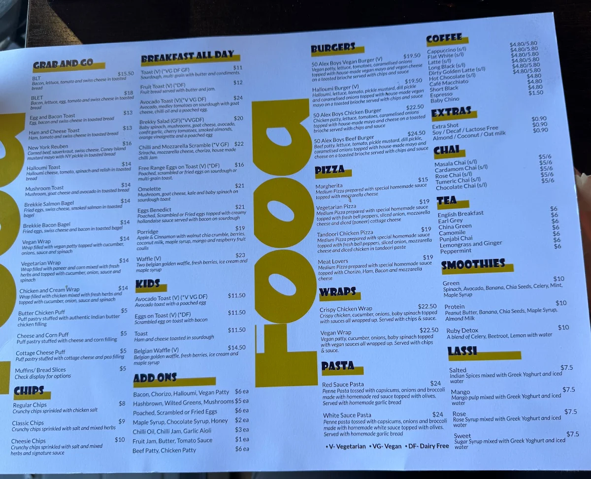 Menu, 50 Alex Boys Cafe