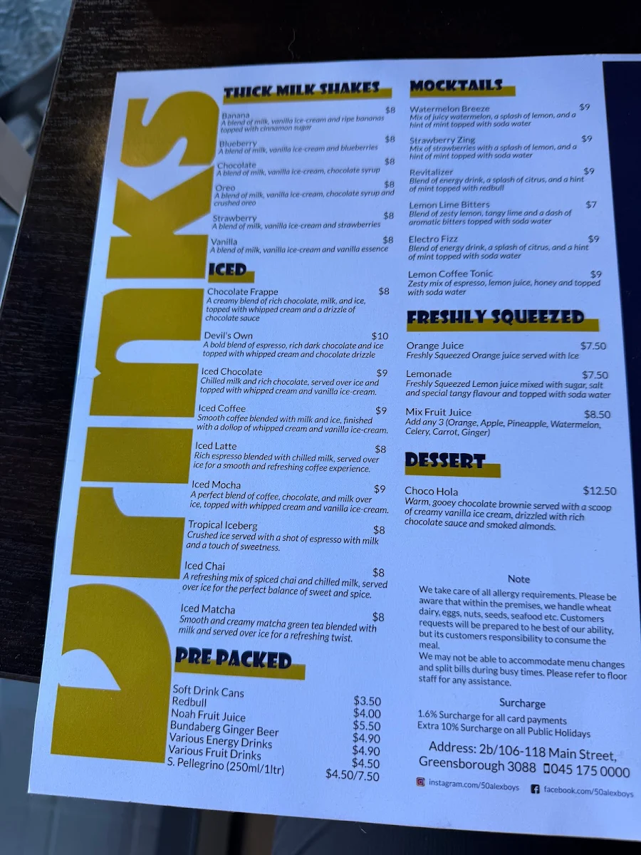 Menu, 50 Alex Boys Cafe