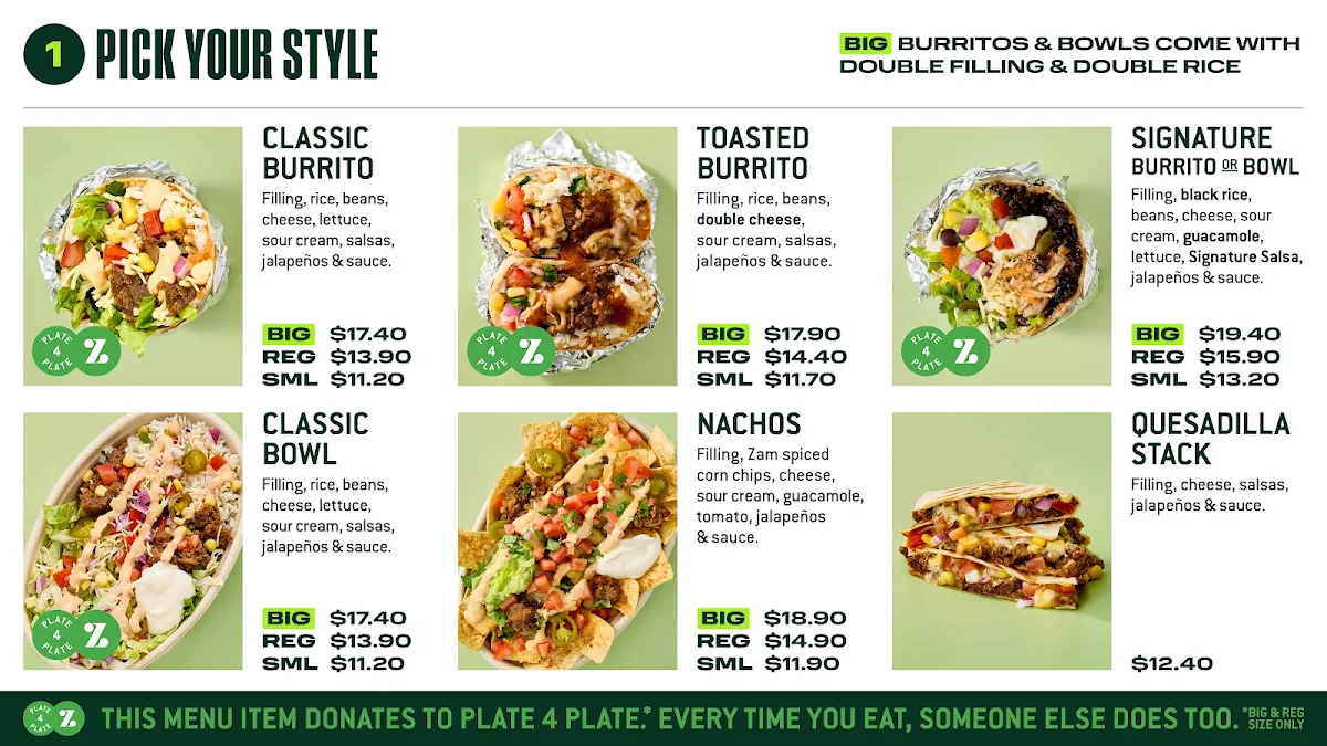 Menu, Zambrero Boondall