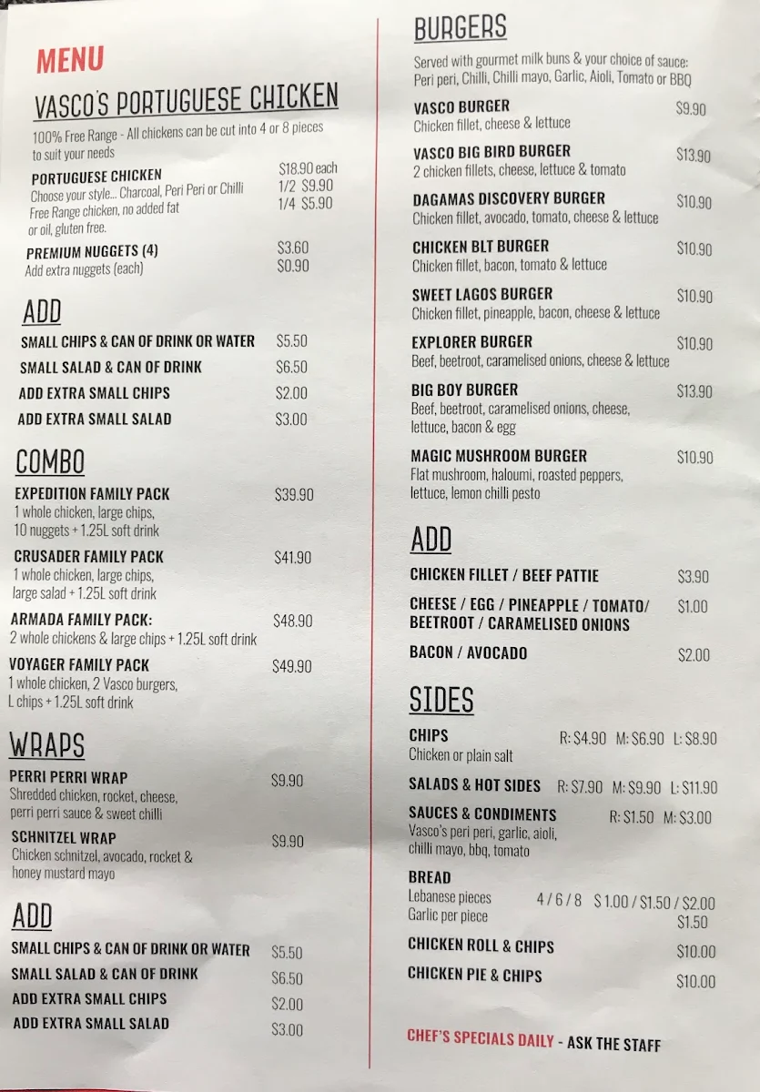 Menu, Vasco's Chargrill Chicken Beaumont Hills