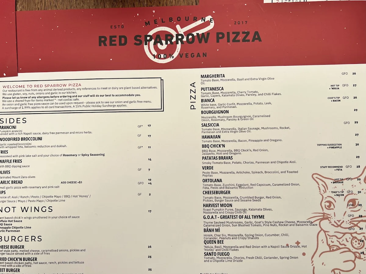 Menu, Red Sparrow Pizza & Rooftop Bar
