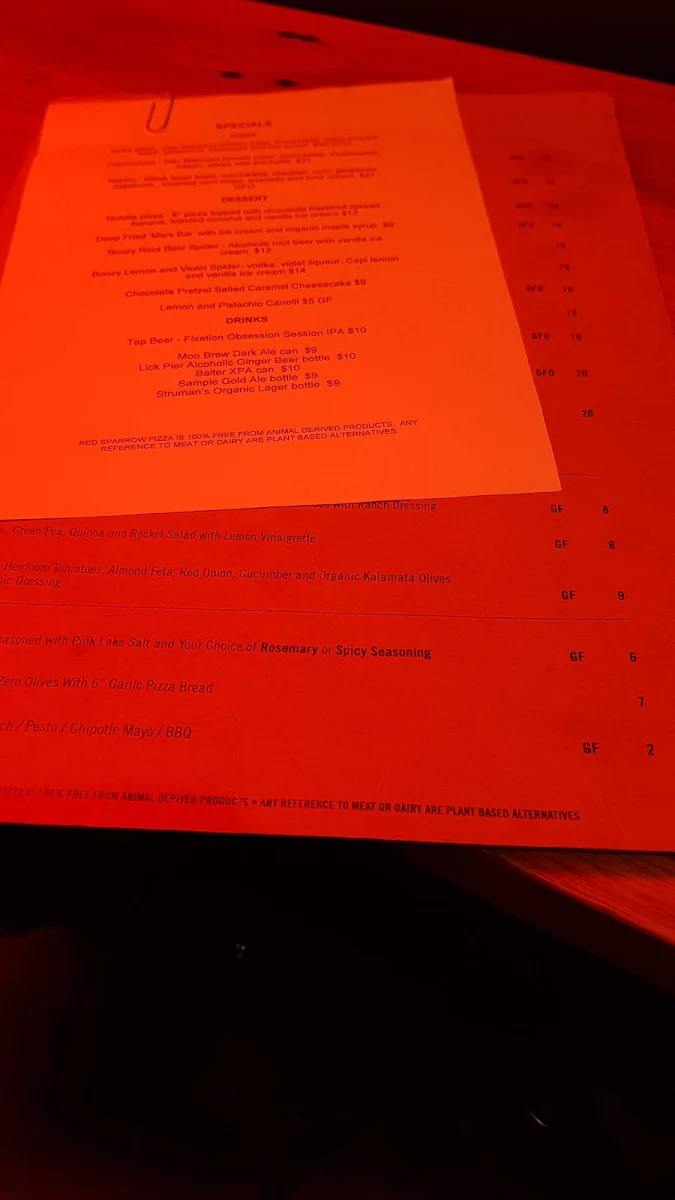 Menu, Red Sparrow Pizza & Rooftop Bar