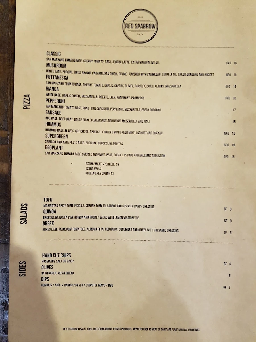 Menu, Red Sparrow Pizza & Rooftop Bar