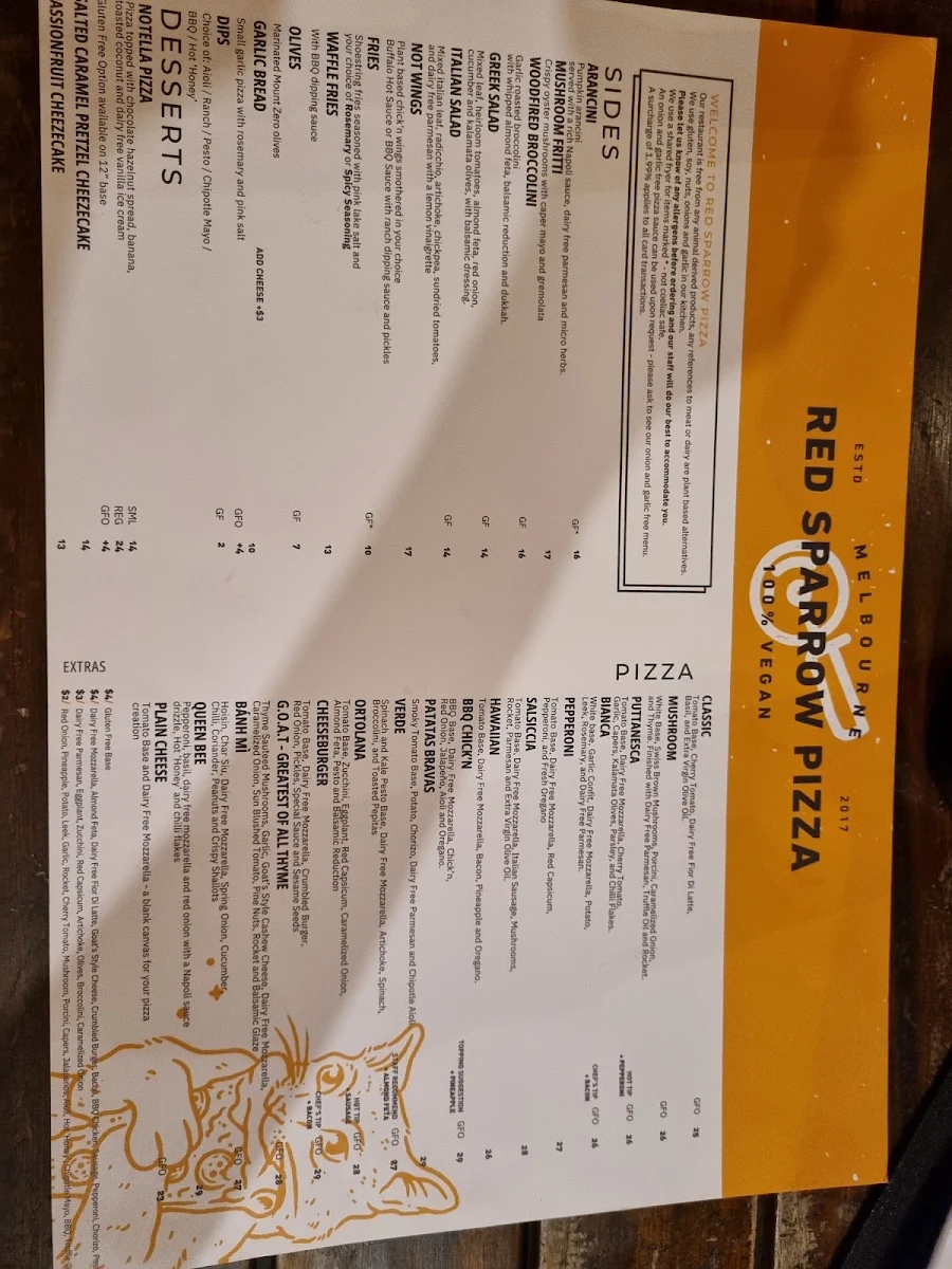 Menu, Red Sparrow Pizza & Rooftop Bar