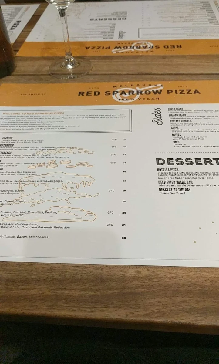 Menu, Red Sparrow Pizza & Rooftop Bar