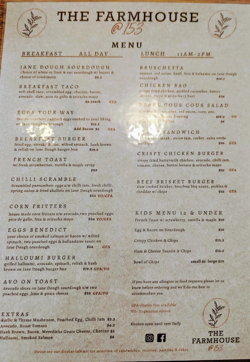 Menu, The Farmhouse @ 153