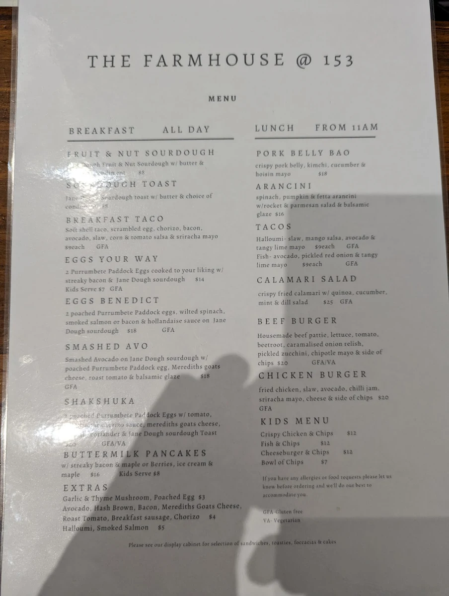 Menu, The Farmhouse @ 153