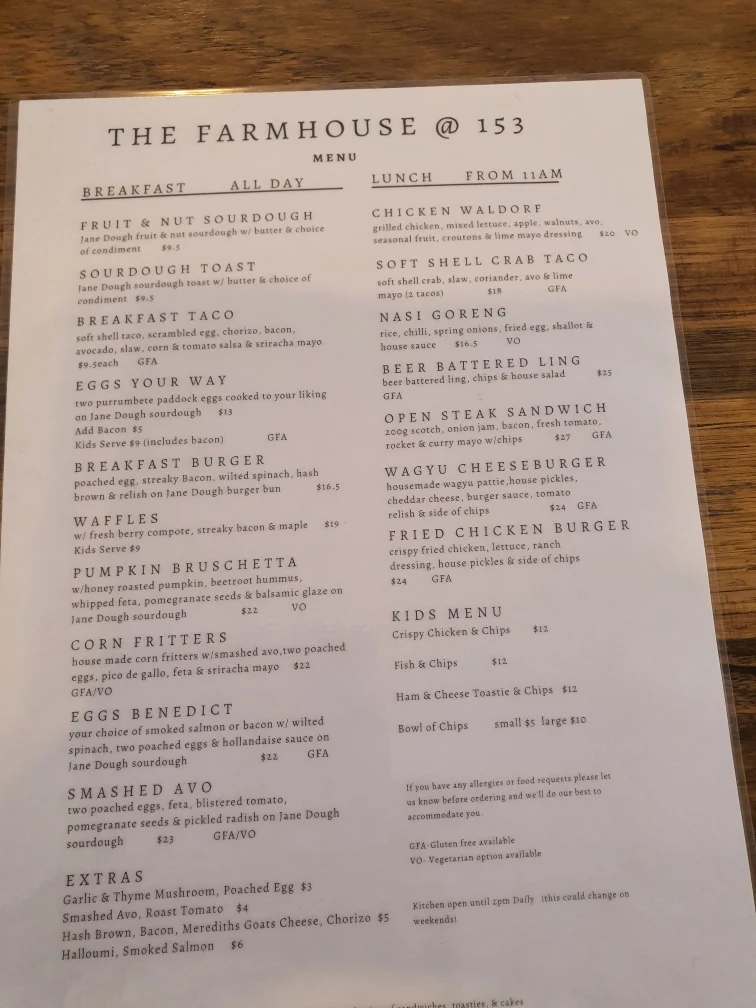 Menu, The Farmhouse @ 153