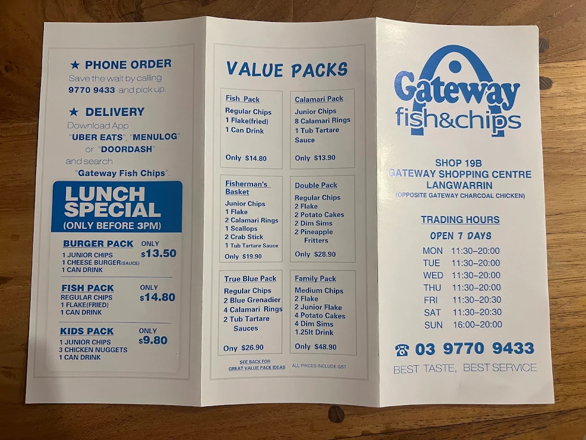 Menu, Gateway Fish & Chips