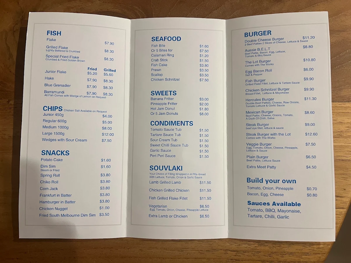 Menu, Gateway Fish & Chips