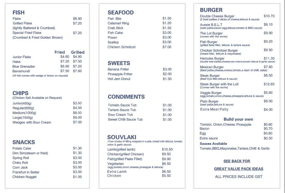 Menu, Gateway Fish & Chips