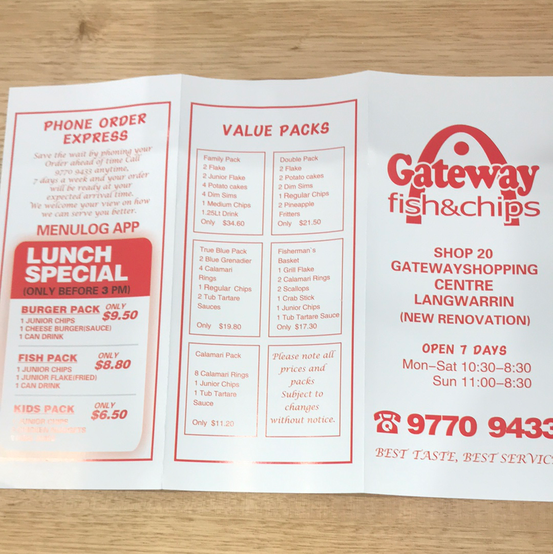 Menu, Gateway Fish & Chips
