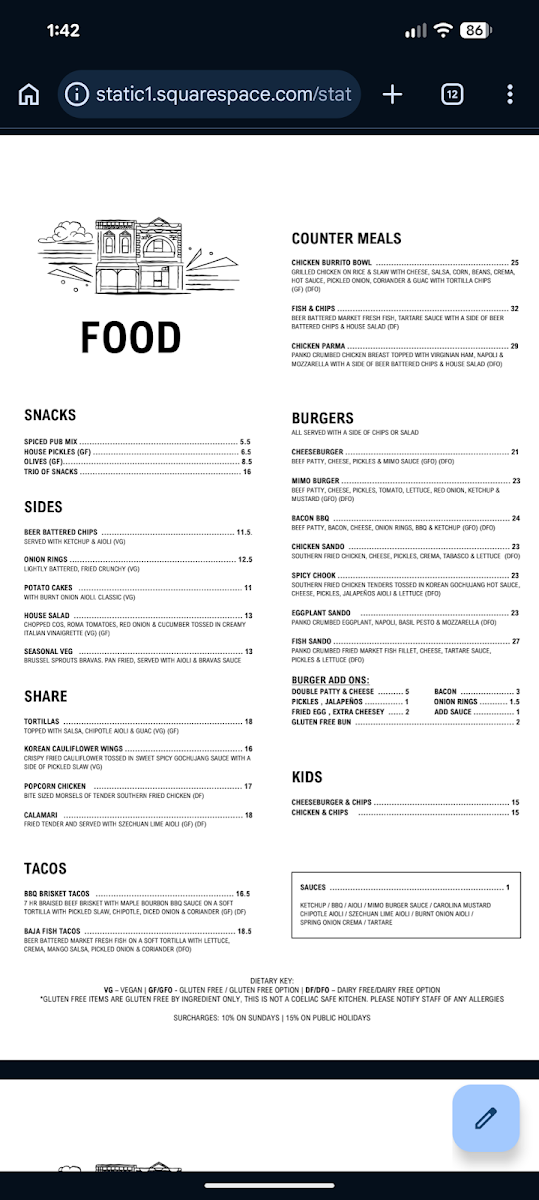 Menu, Miss Moses Bar