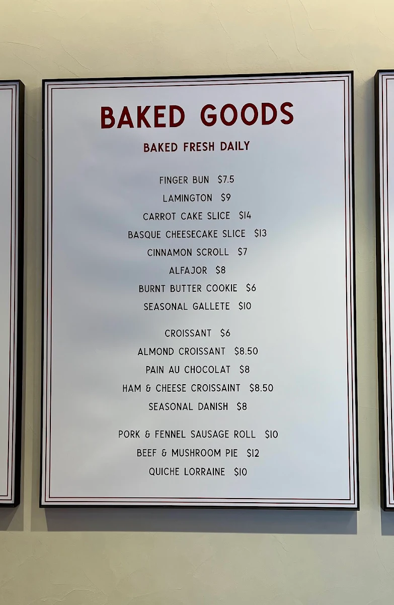 Menu, Humble Bakery - Kent Street