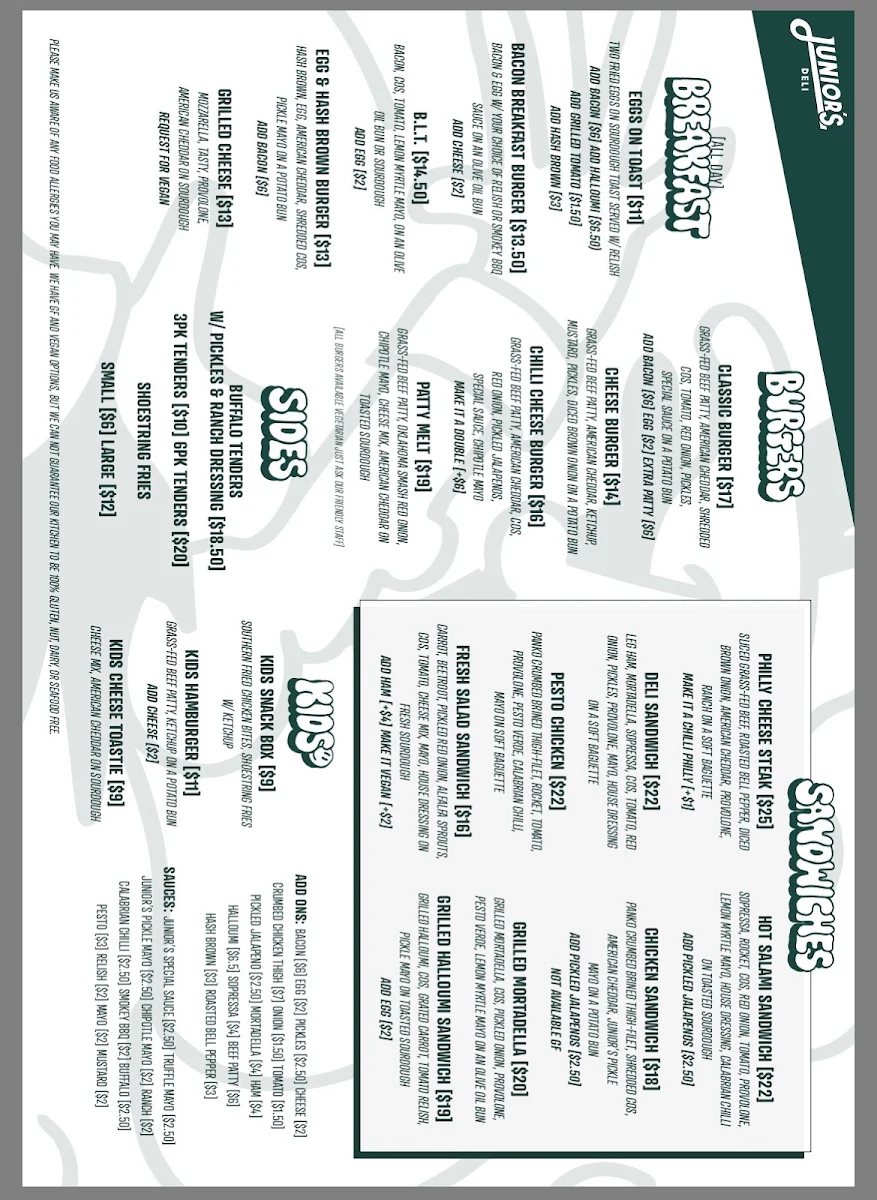 Menu, Junior's Deli - Sandwich & Burger Restaurant
