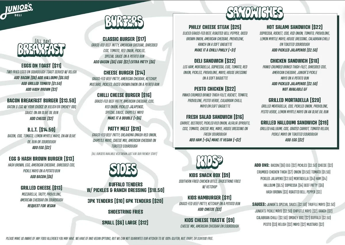 Menu, Junior's Deli - Sandwich & Burger Restaurant