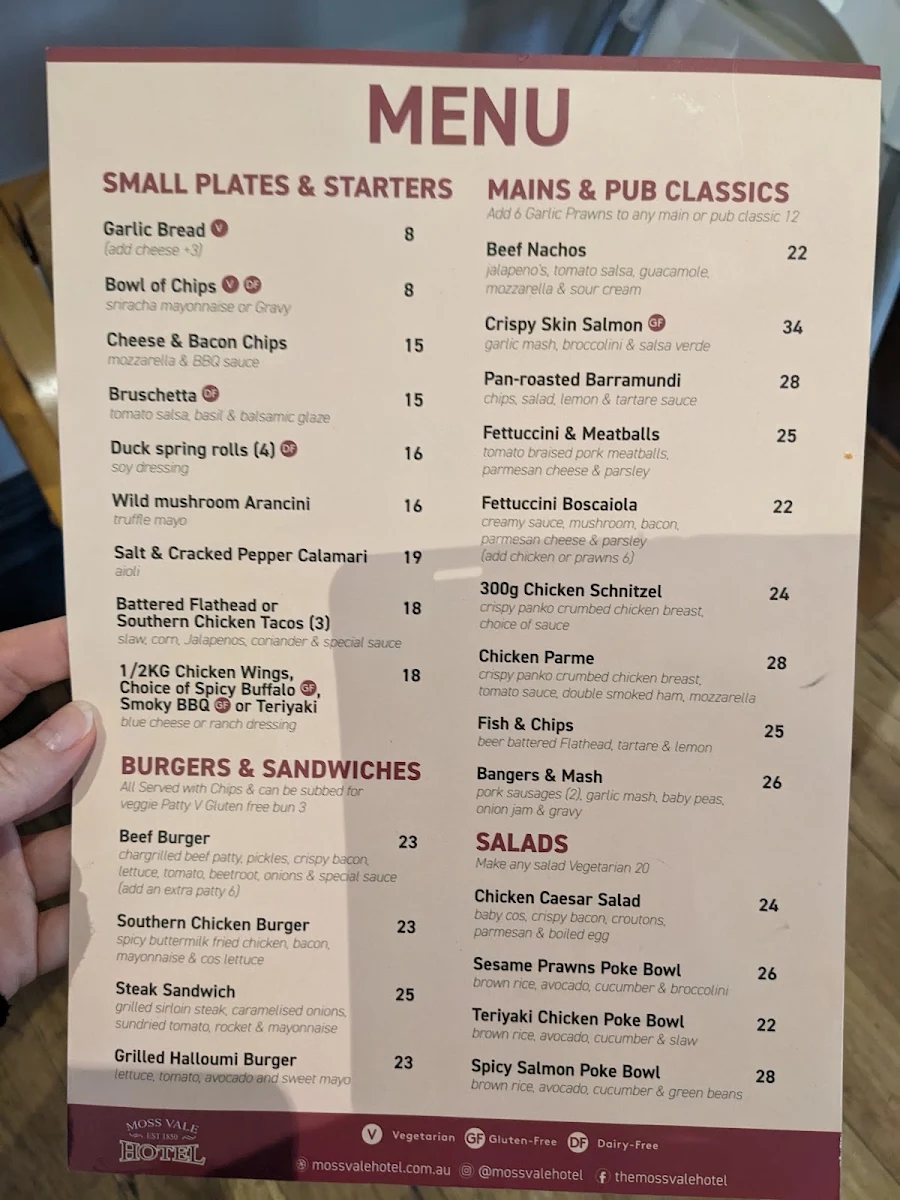 Menu, Moss Vale Hotel
