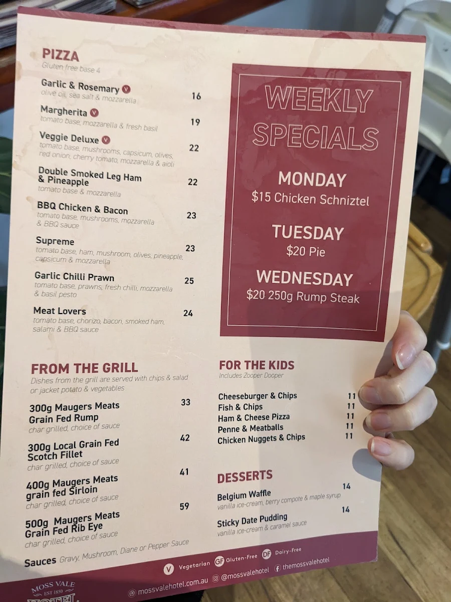 Menu, Moss Vale Hotel