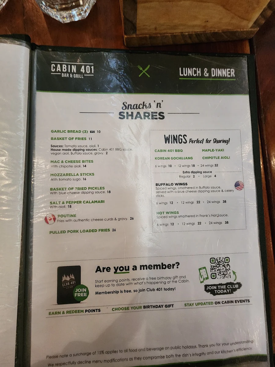 Menu, Cabin 401 Bar & Grill