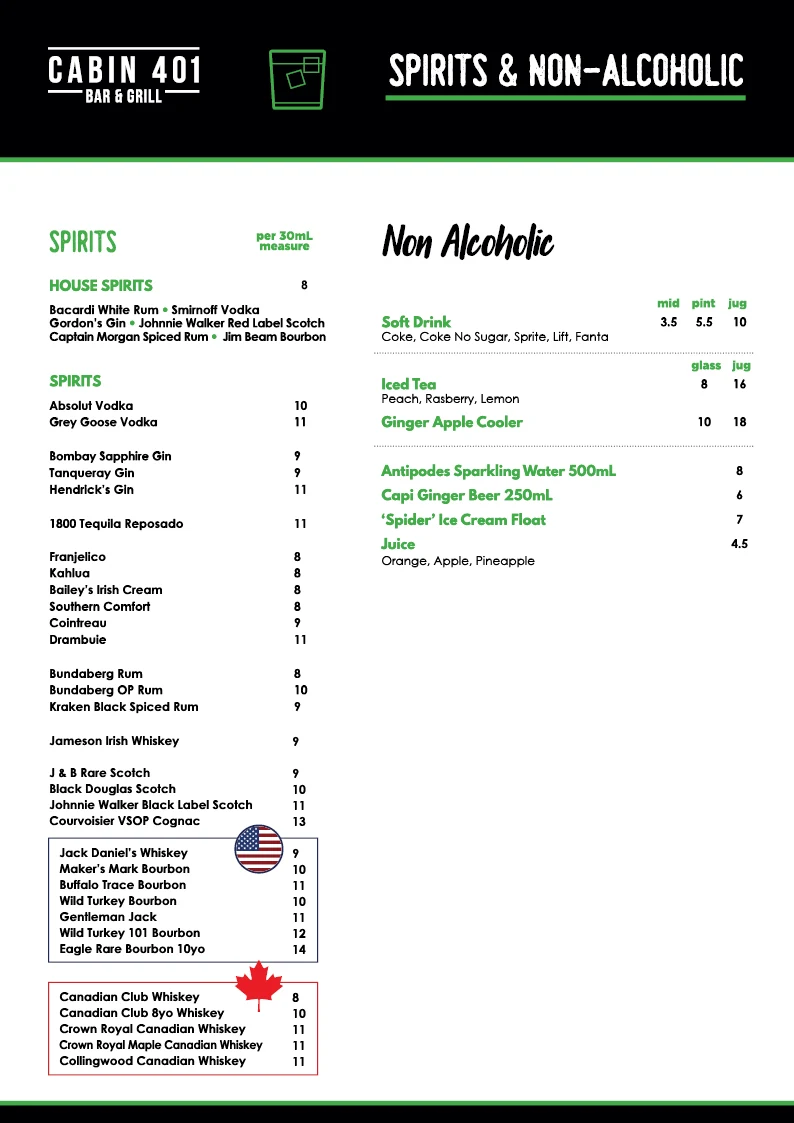 Menu, Cabin 401 Bar & Grill