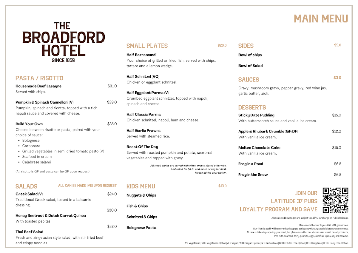 Menu, The Broadford Hotel - Bottom Pub