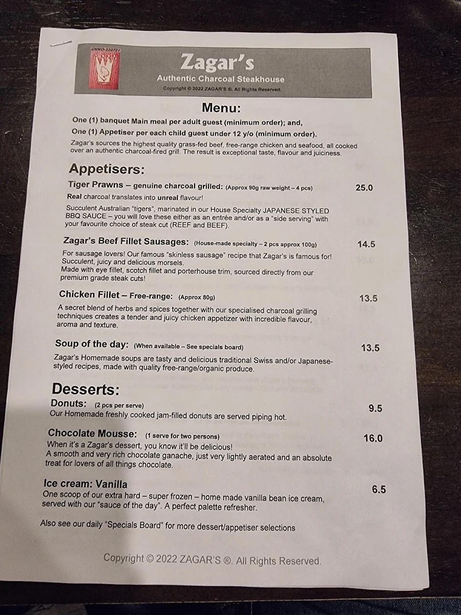Menu, Zagar's Charcoal Grill