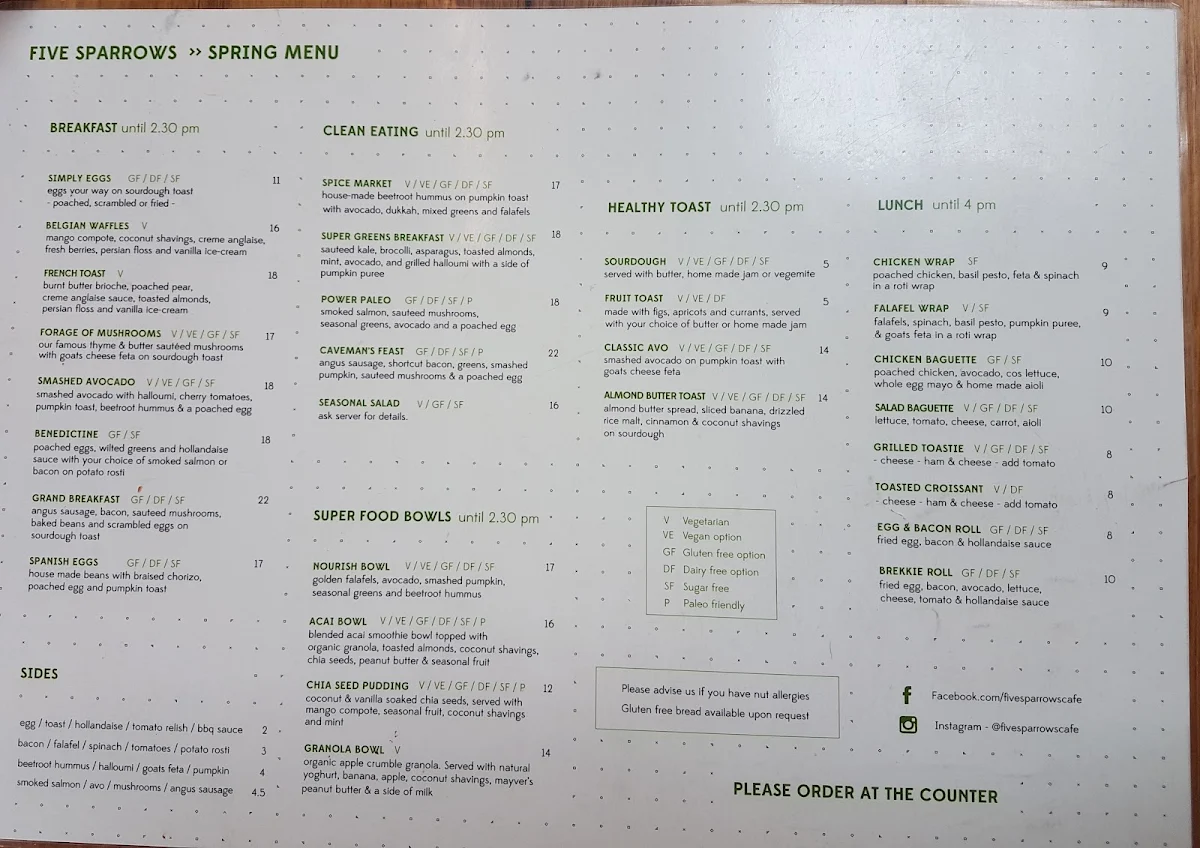 Menu, Five Sparrows