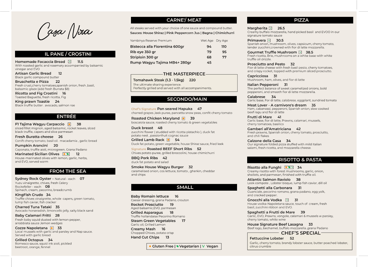 Menu, Casa Nova Italian Restaurant & Bar Circular Quay