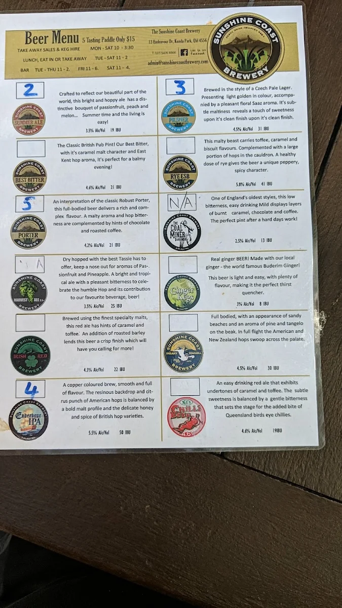 Menu, Sunshine Coast Brewery