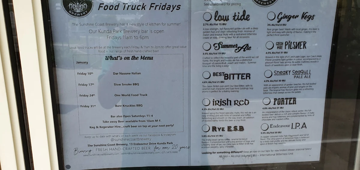 Menu, Sunshine Coast Brewery