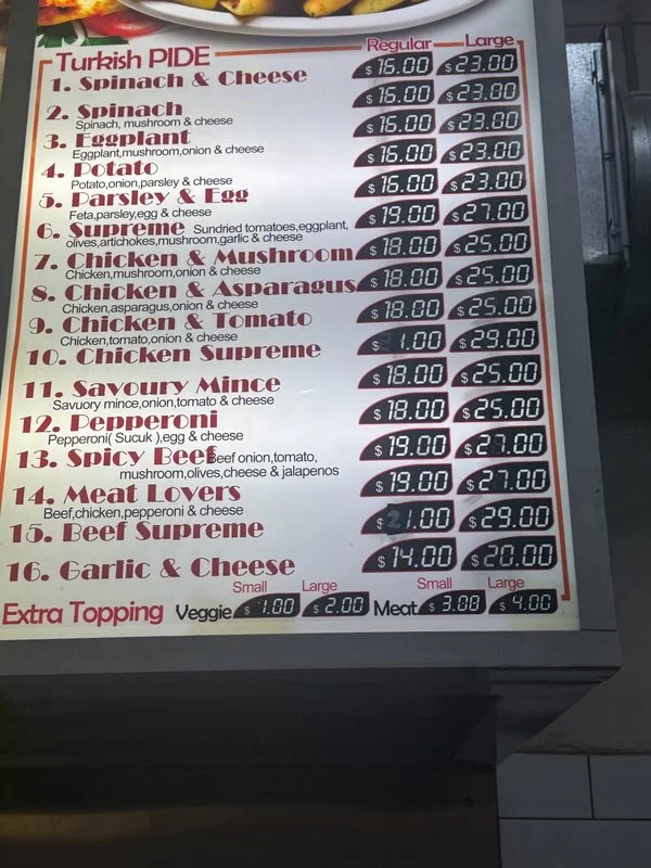 Menu, Moey’s Kebab & Pide
