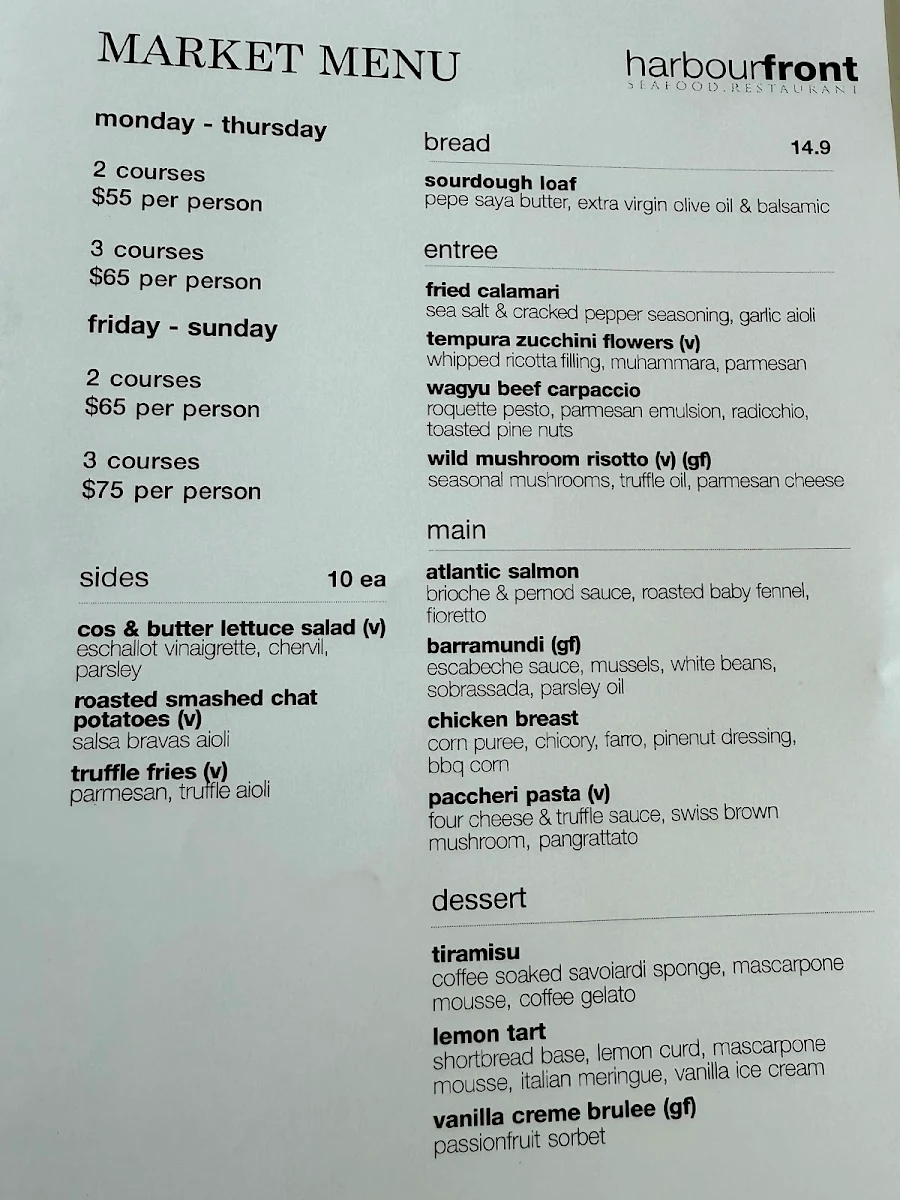 Menu, Harbourfront Seafood Restaurant