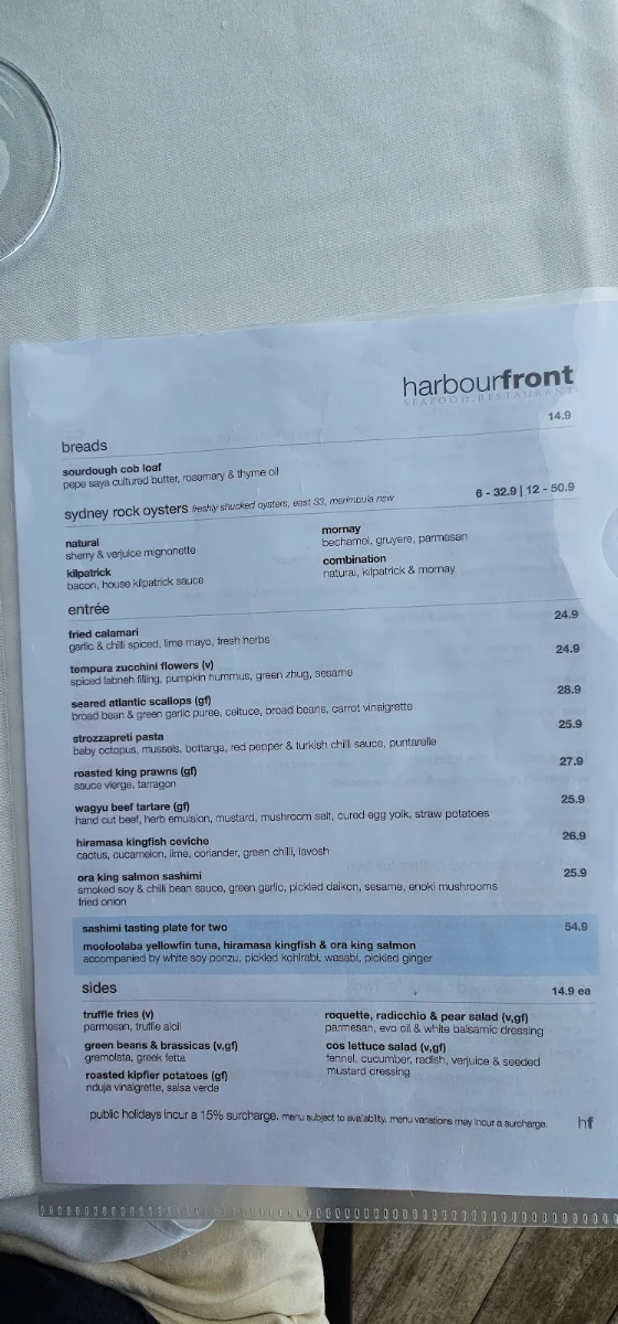 Menu, Harbourfront Seafood Restaurant