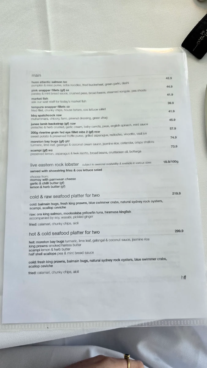 Menu, Harbourfront Seafood Restaurant