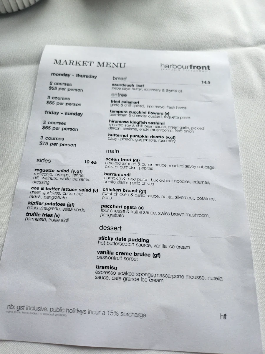 Menu, Harbourfront Seafood Restaurant