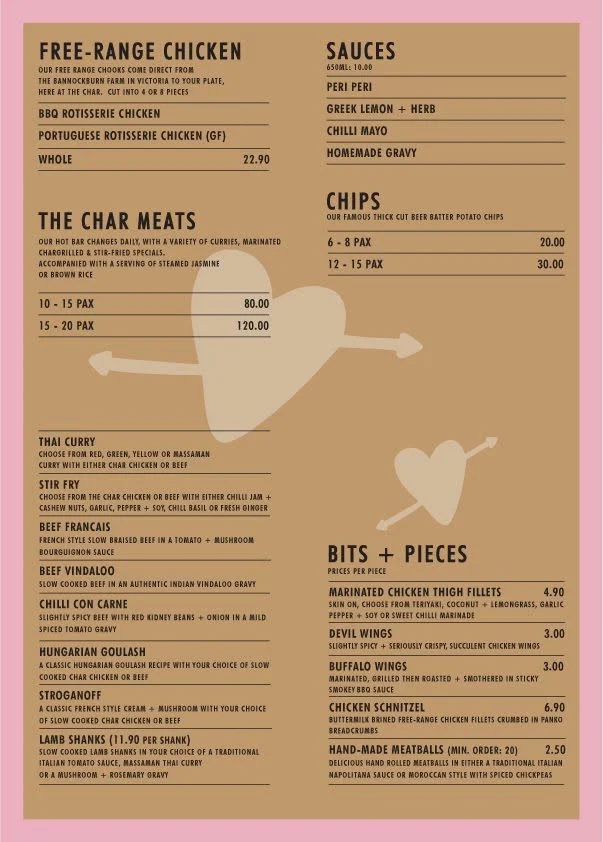 Menu, The Char Rotisserie