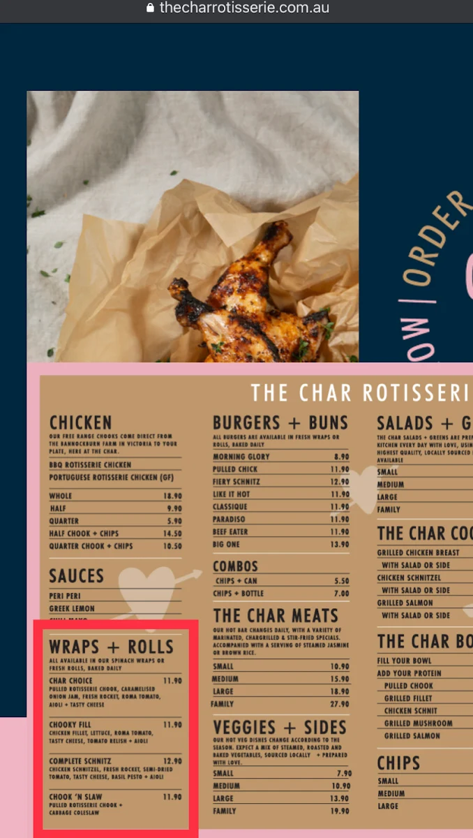 Menu, The Char Rotisserie
