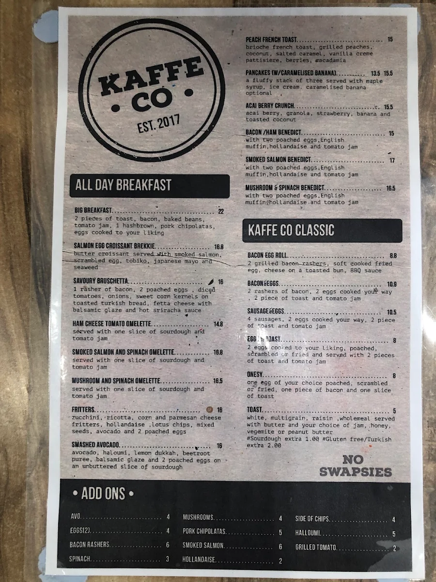 Menu, Kaffe Co