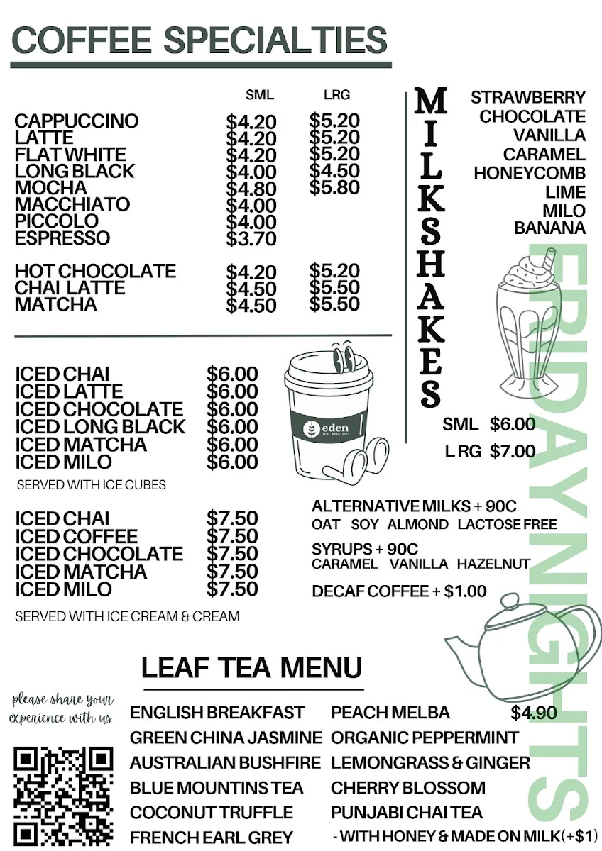 Menu, Eden Blue Mountains Cafe