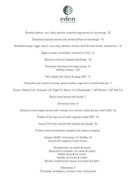 Menu, Eden Blue Mountains Cafe