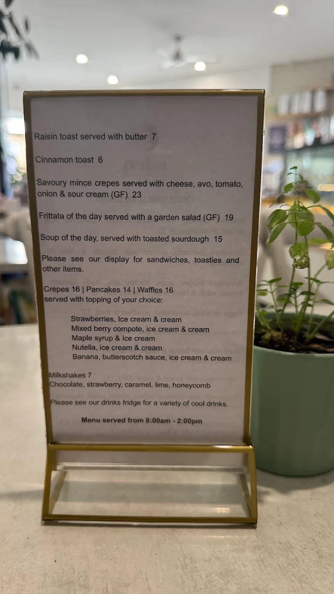 Menu, Eden Blue Mountains Cafe