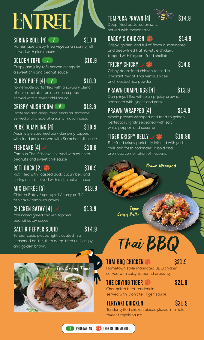 Menu, Don't Tell Tiger Cafe and Thai Restaurant