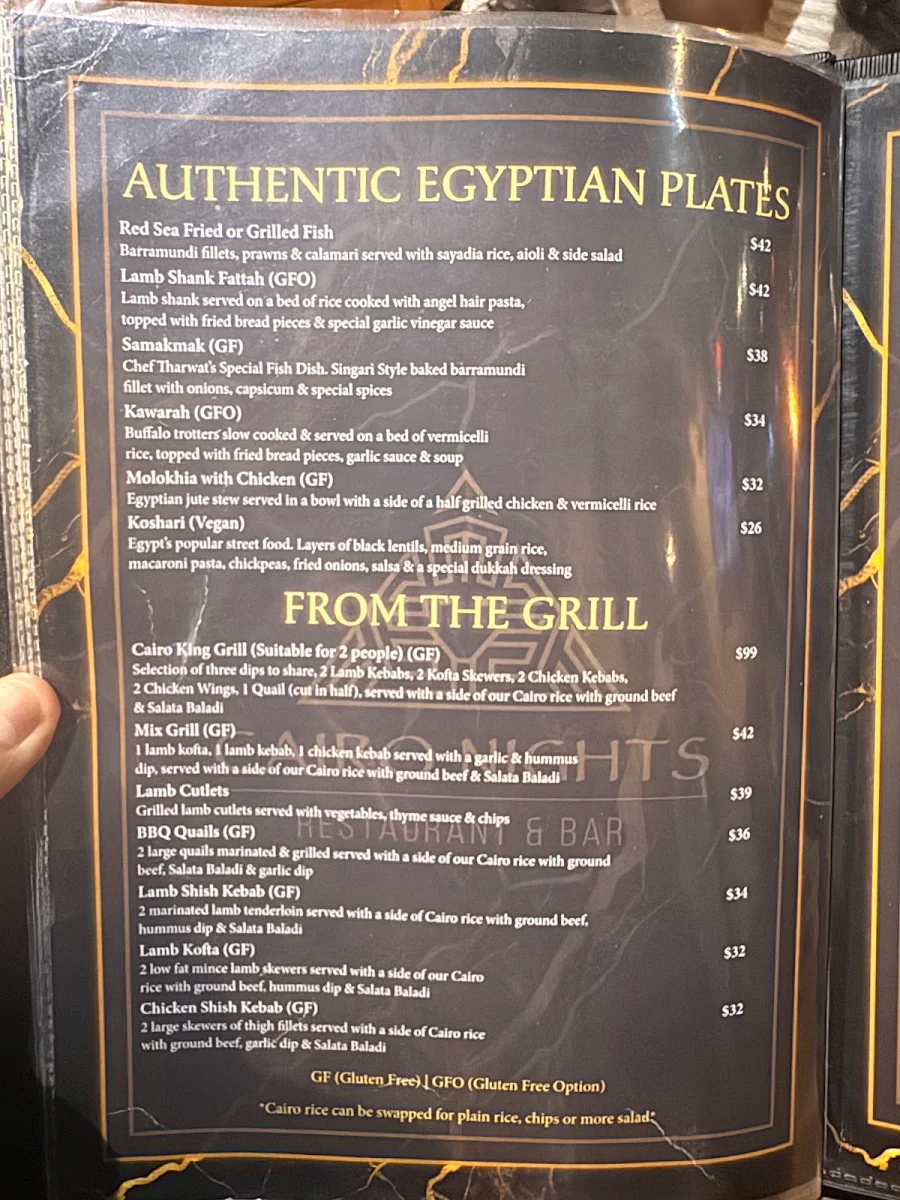 Menu, Cairo By Nights Restaurant & Bar