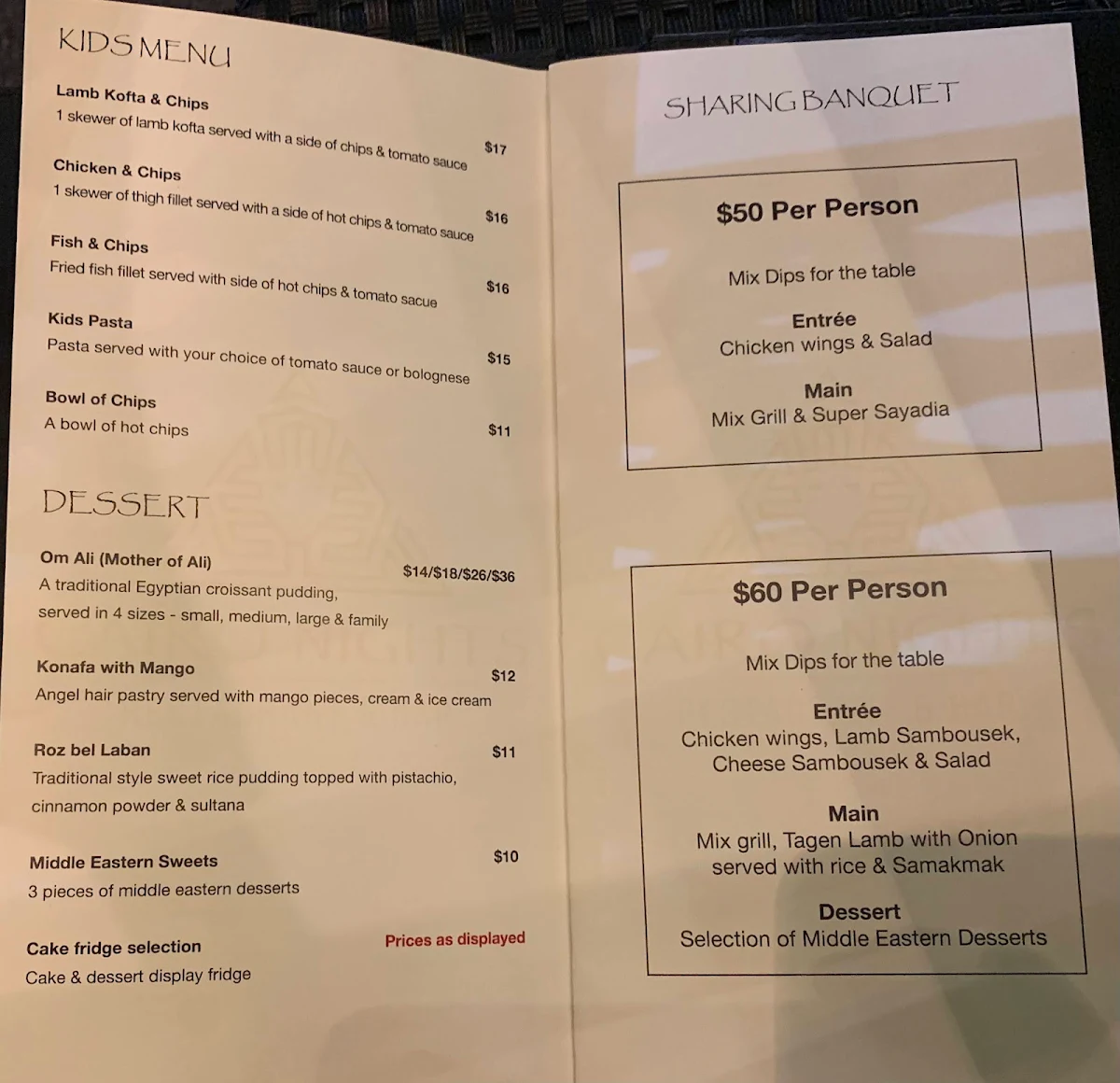 Menu, Cairo By Nights Restaurant & Bar