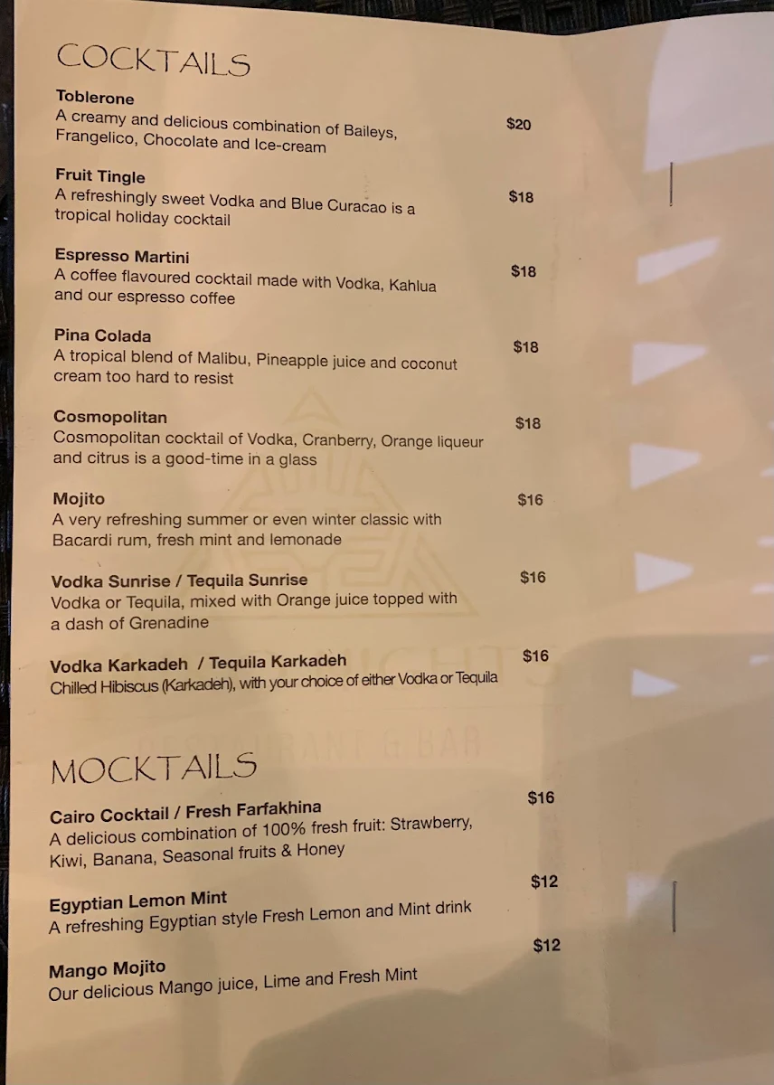 Menu, Cairo By Nights Restaurant & Bar