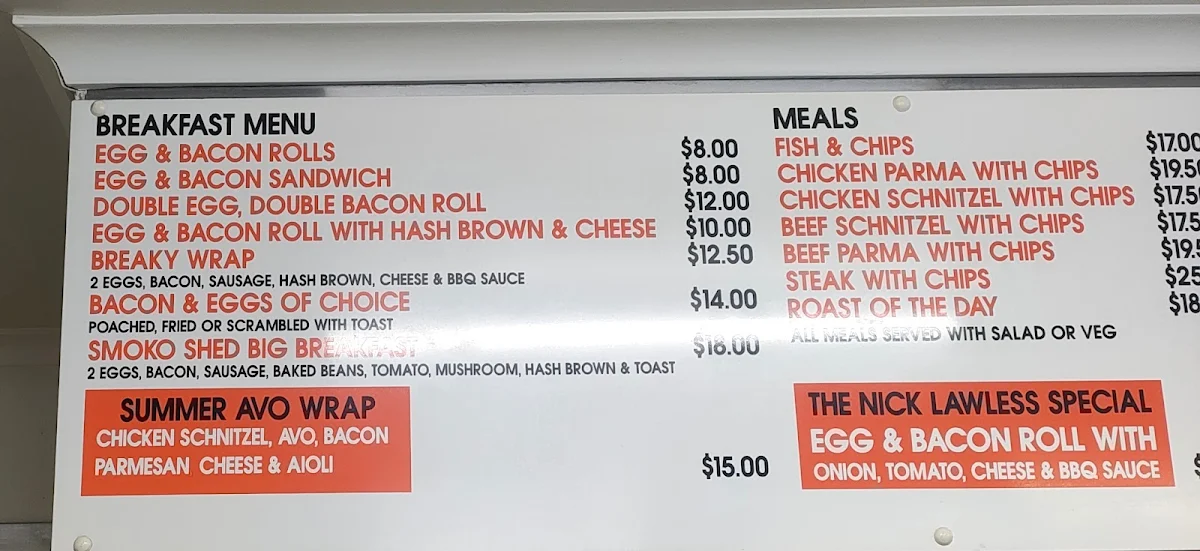 Menu, The Smoko Shed Yarrawonga