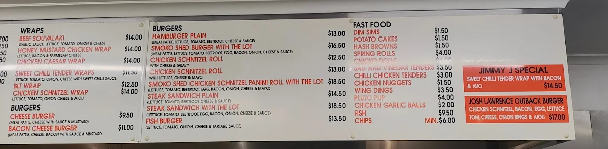 Menu, The Smoko Shed Yarrawonga