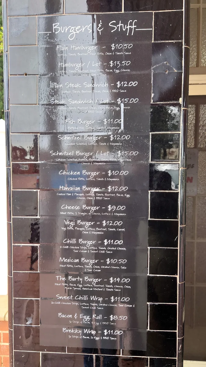 Menu, Bartys Cafe